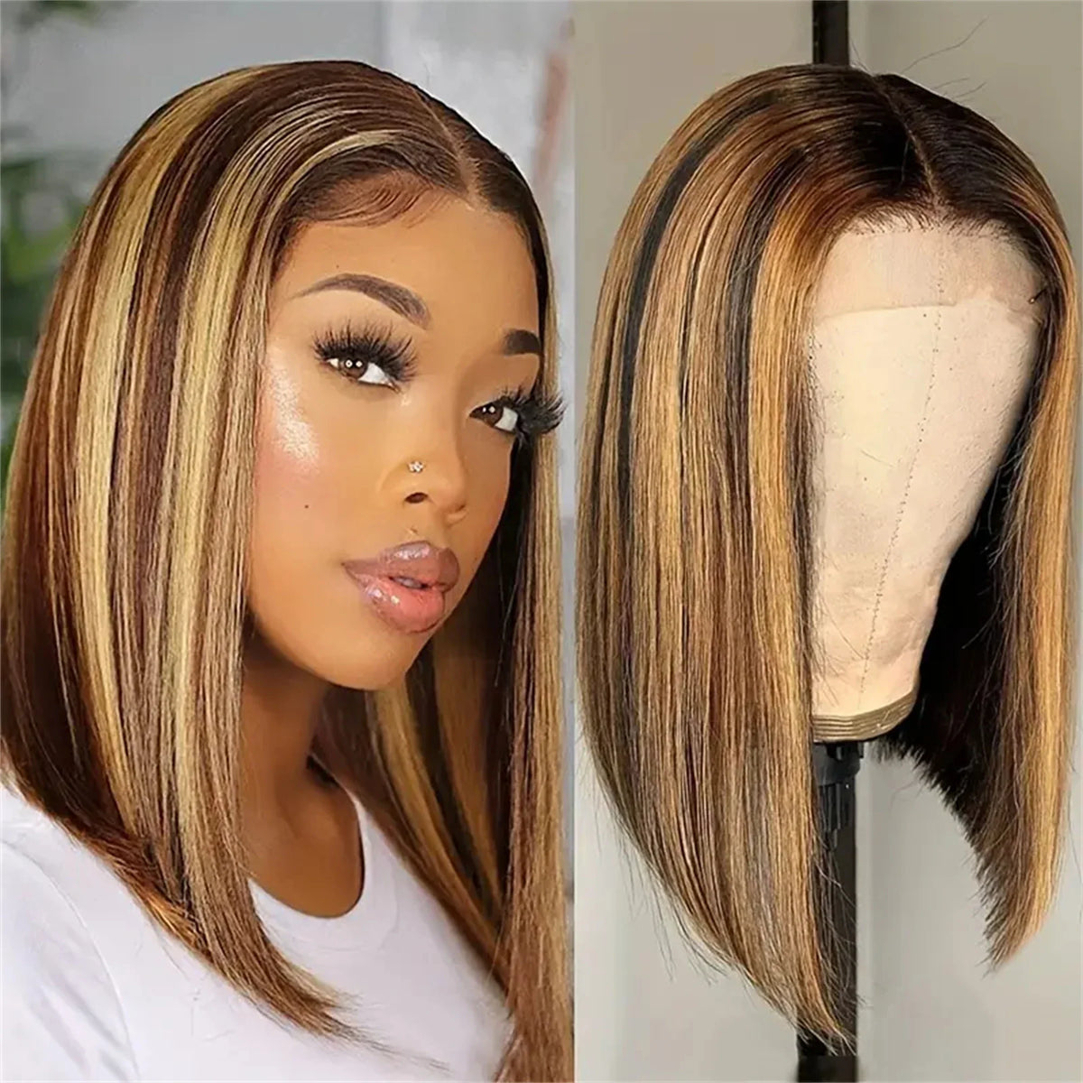 13x4 Transparent Lace Front Bob Wig Human Hair Ombre Honey Blonde 10-16 Inch 4/27 Colored Frontal Wig