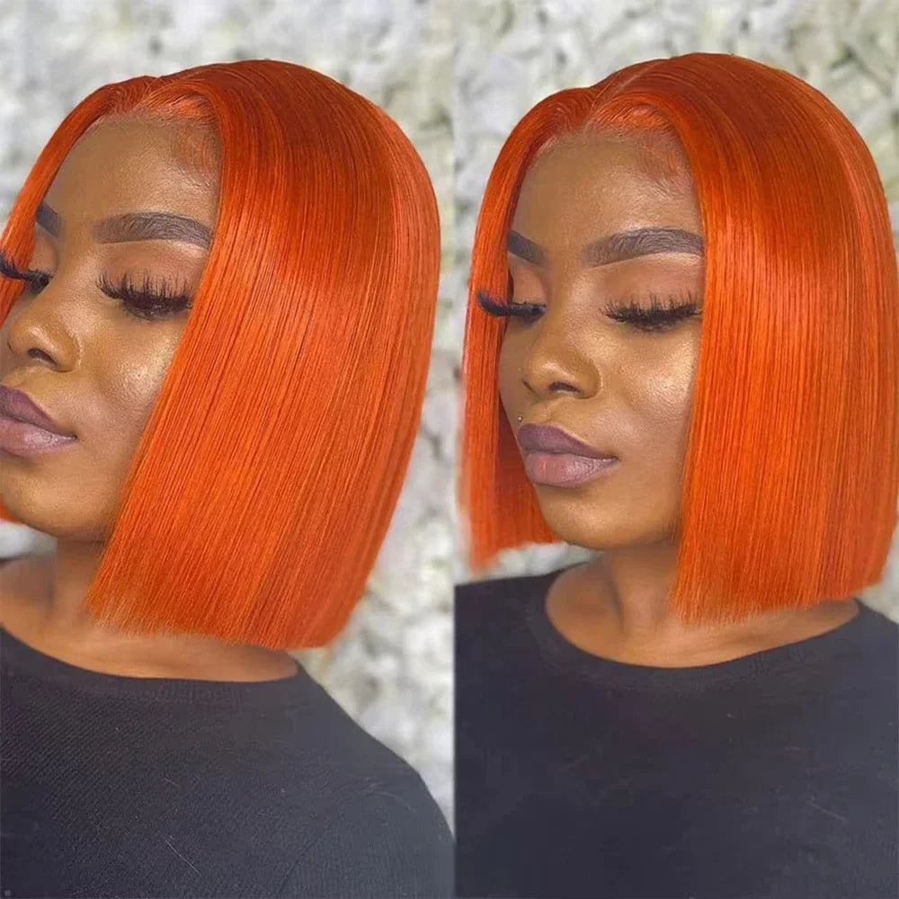200 Density Ginger Orange Straight Bob Lace Front Wig 13x4 Preplucked Human Hair
