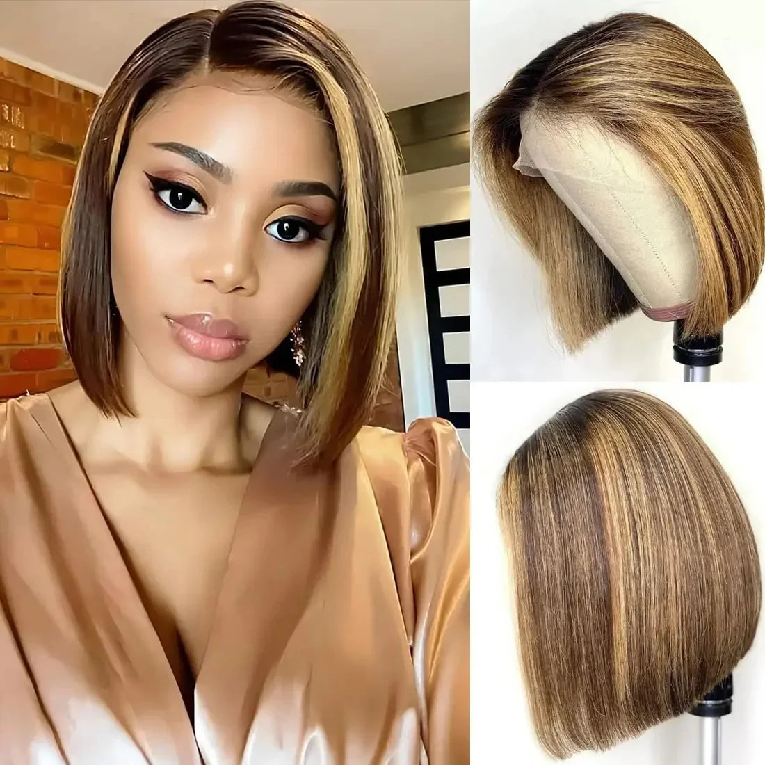 Straight Ombre Bob Wig 13x4 Transparent Lace 200% Density Brazilian Human Hair 4/27 Honey Brown