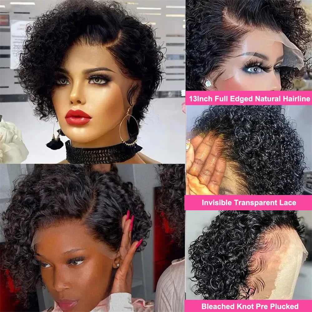 Curly Pixie Cut 13x1 Transparent Lace Frontal 100% Brazilian Human Hair Wig 99J Burgundy for Women