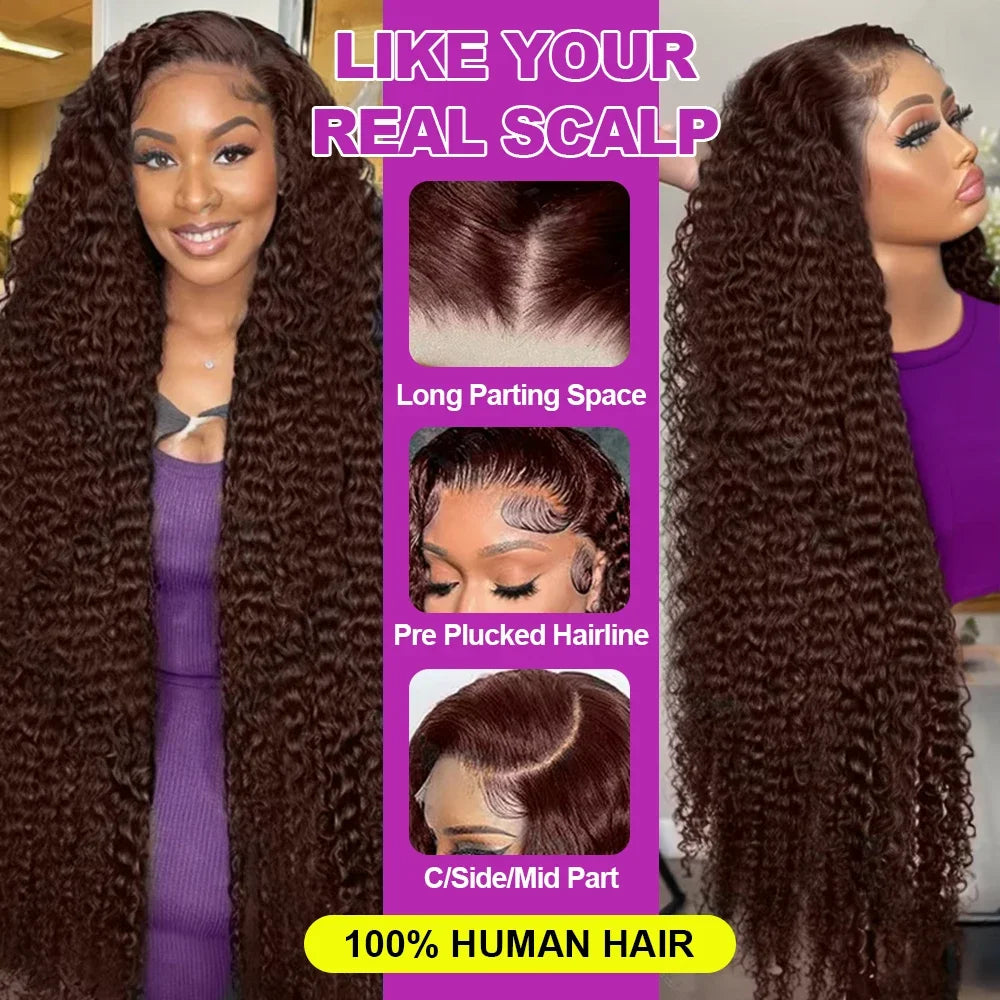 32-38 Inch Brazilian Deep Wave 13x4 Lace Front Human Hair Wig Chocolate Brown
