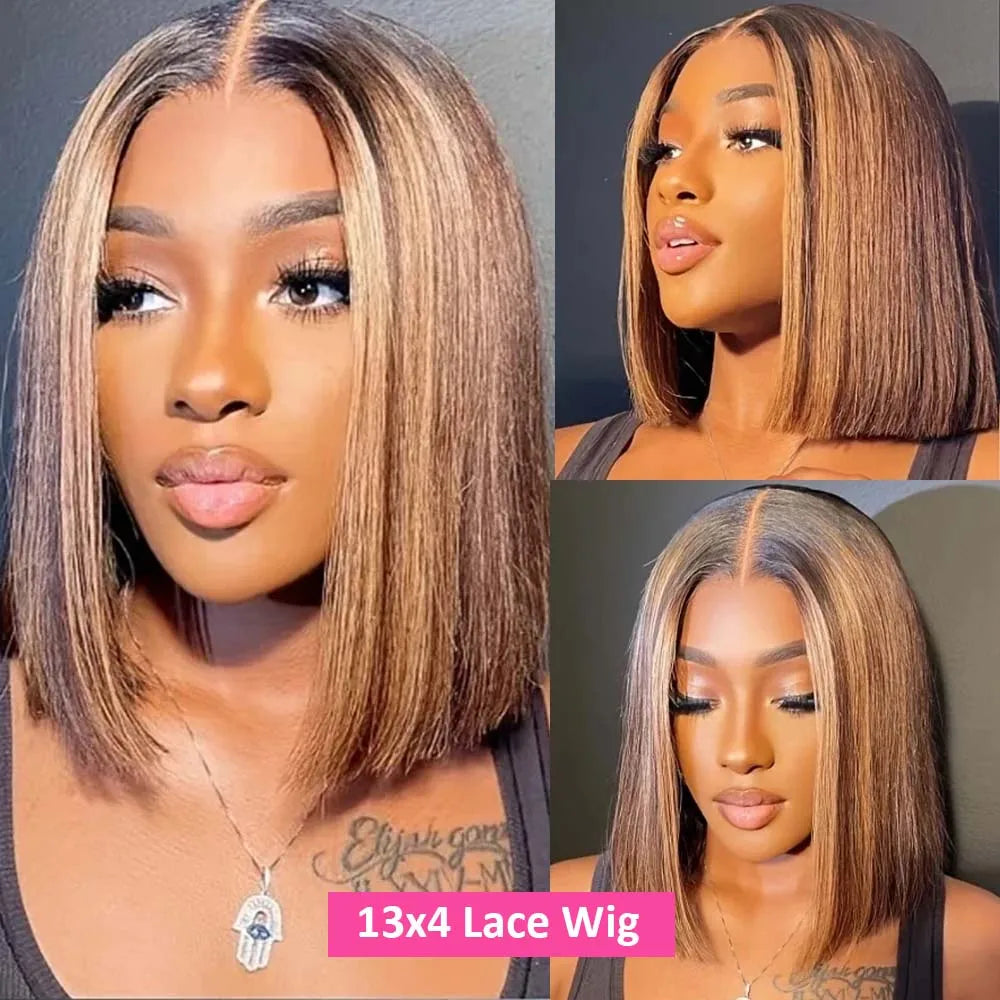 13x4 Transparent Lace Front Bob Wig Human Hair Ombre Honey Blonde 10-16 Inch 4/27 Colored Frontal Wig