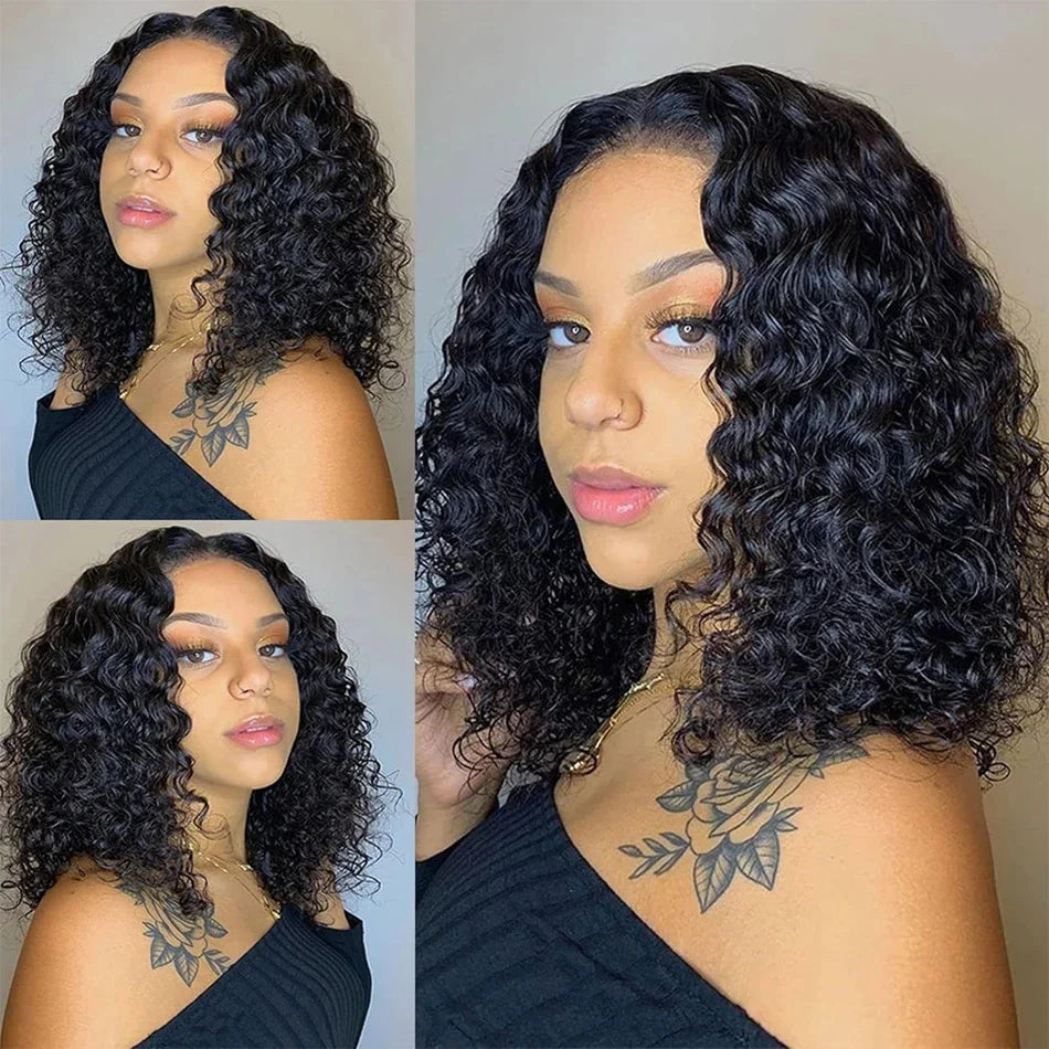 Water Wave 13x4 Transparent Lace Front Bob Wig 200% Density Brazilian Human Hair Short Wig