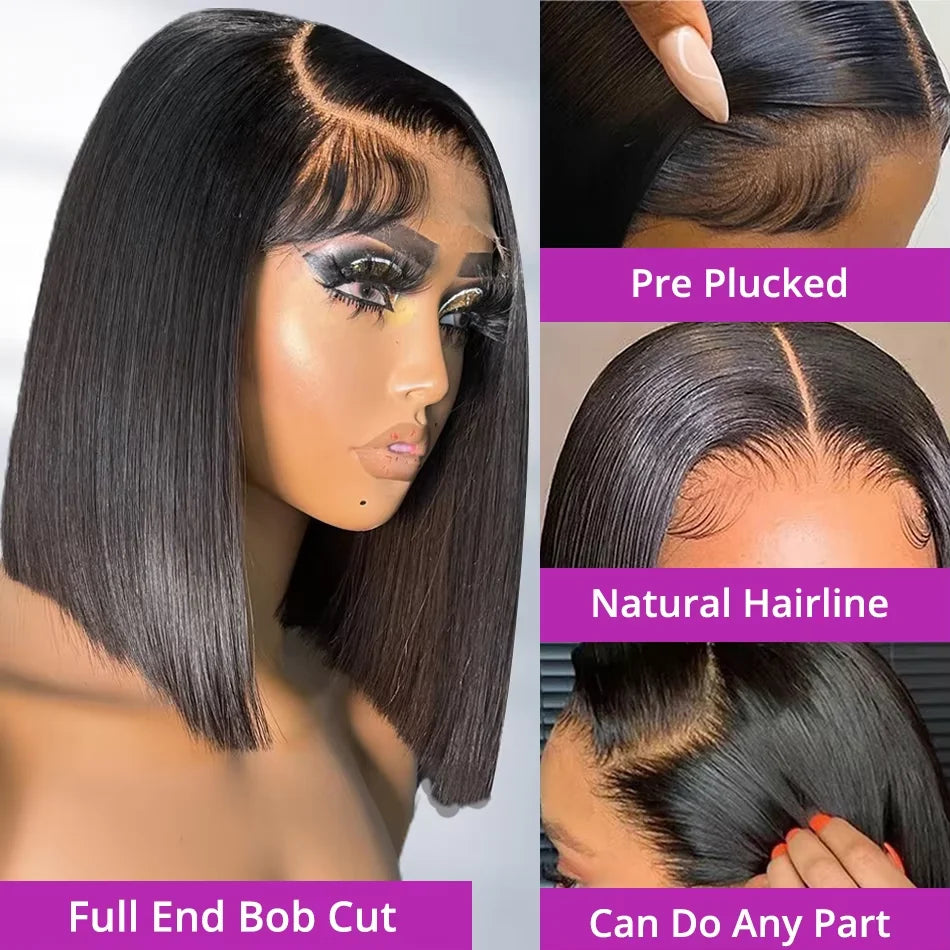 13x4 Straight Lace Frontal Bob Wig 14 Inch Pre Plucked Brazilian Remy Human Hair