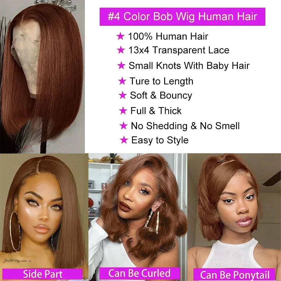 Chocolate Brown 13x4 and 4x4 Lace Frontal Straight Bob Human Hair Wig 16 Inch Pre-Plucked Remy