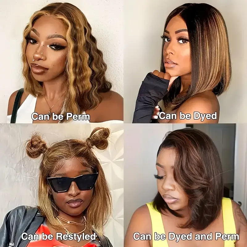 14 Inch 4/27 Brown Blonde Straight Brazilian 13x4 Transparent Frontal Bob Wig 200% Density Pre-Plucked