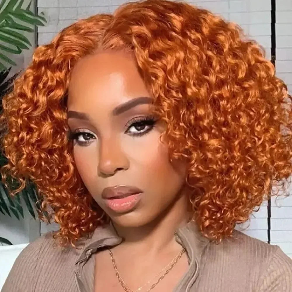 Ginger Orange Water Wave Short Bob 13x4 Lace Front Human Hair Wig 200% Density