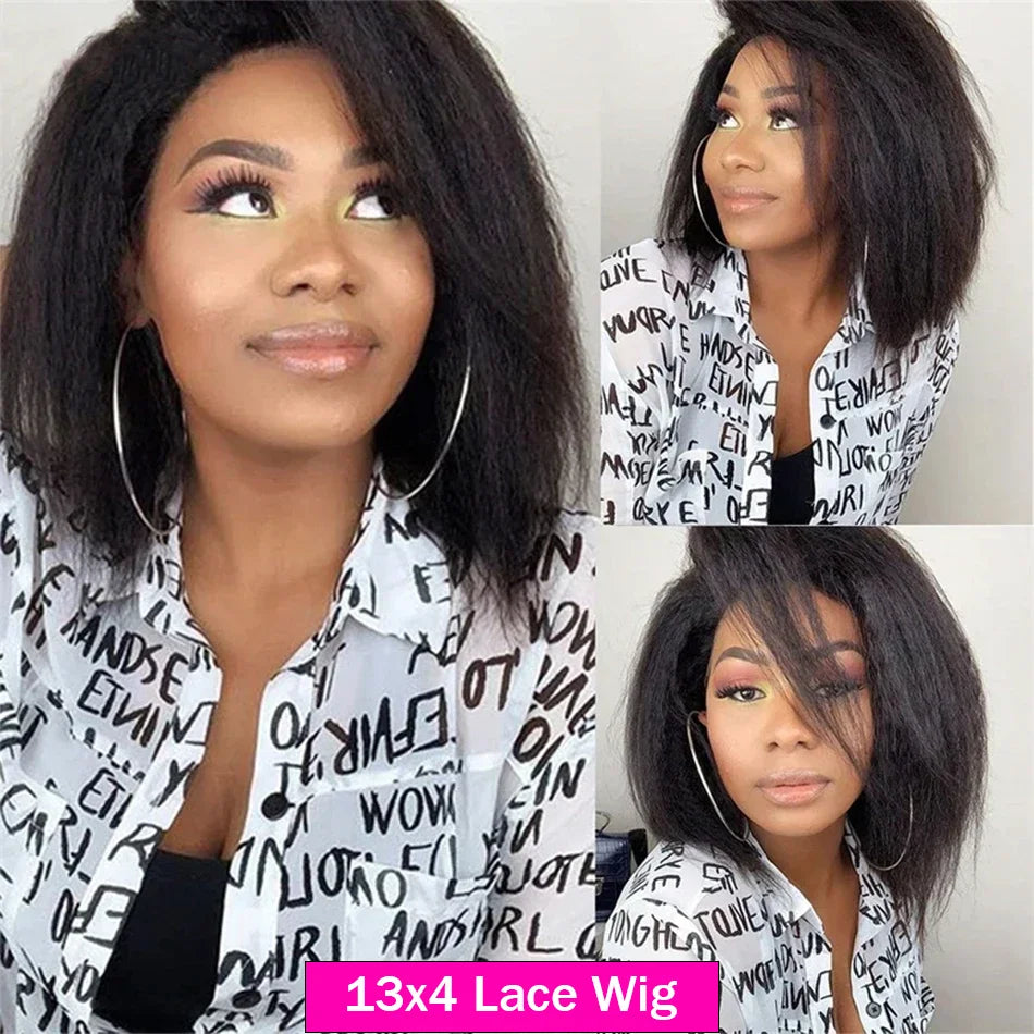 Transparent Kinky Straight 13x4 Lace Front Short Bob Human Hair Wig Pre Plucked Yaki