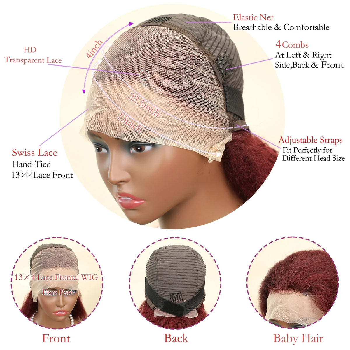Kinky Straight 99J Burgundy Short Bob 13x4 Transparent Lace Human Hair Wig
