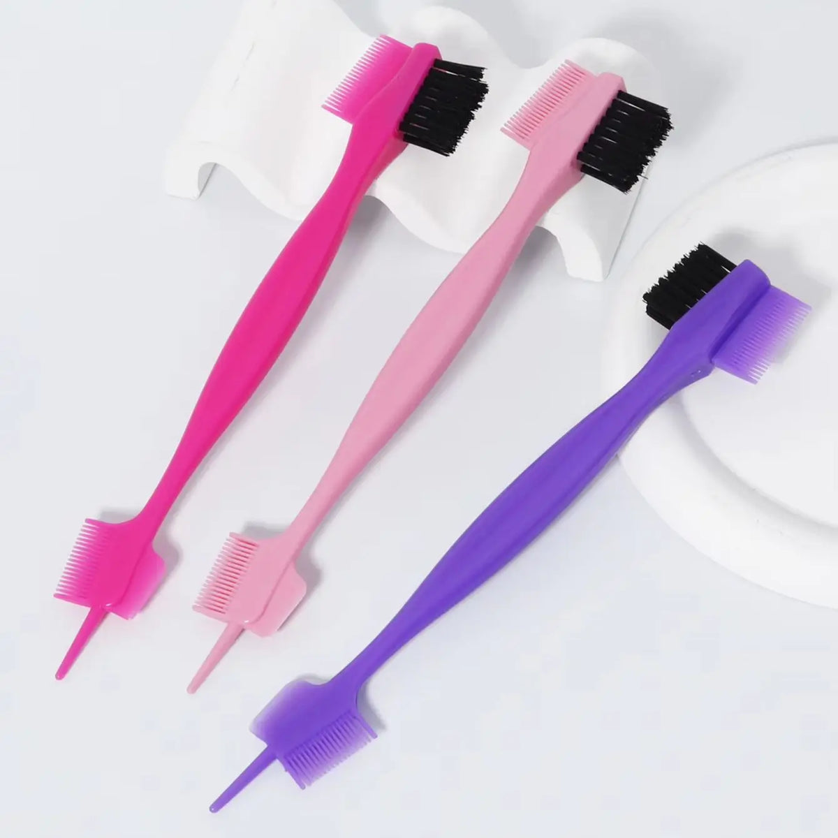 Three in One Edge Control Brush with Pointed Tail and Dual Comb Design 3 Piece Plastic Set