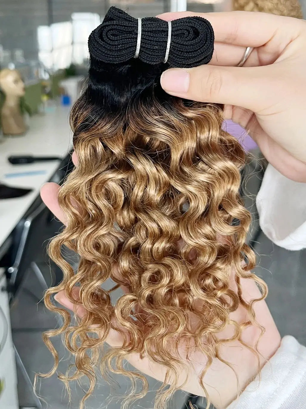 12 Inch 1B27 Ombre Black Honey Blonde Water Wave Curly Remy Human Hair Bundle