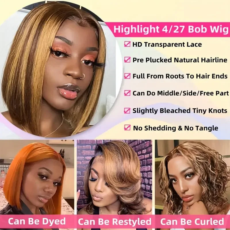 14 Inch 4/27 Brown Blonde Straight Brazilian 13x4 Transparent Frontal Bob Wig 200% Density Pre-Plucked