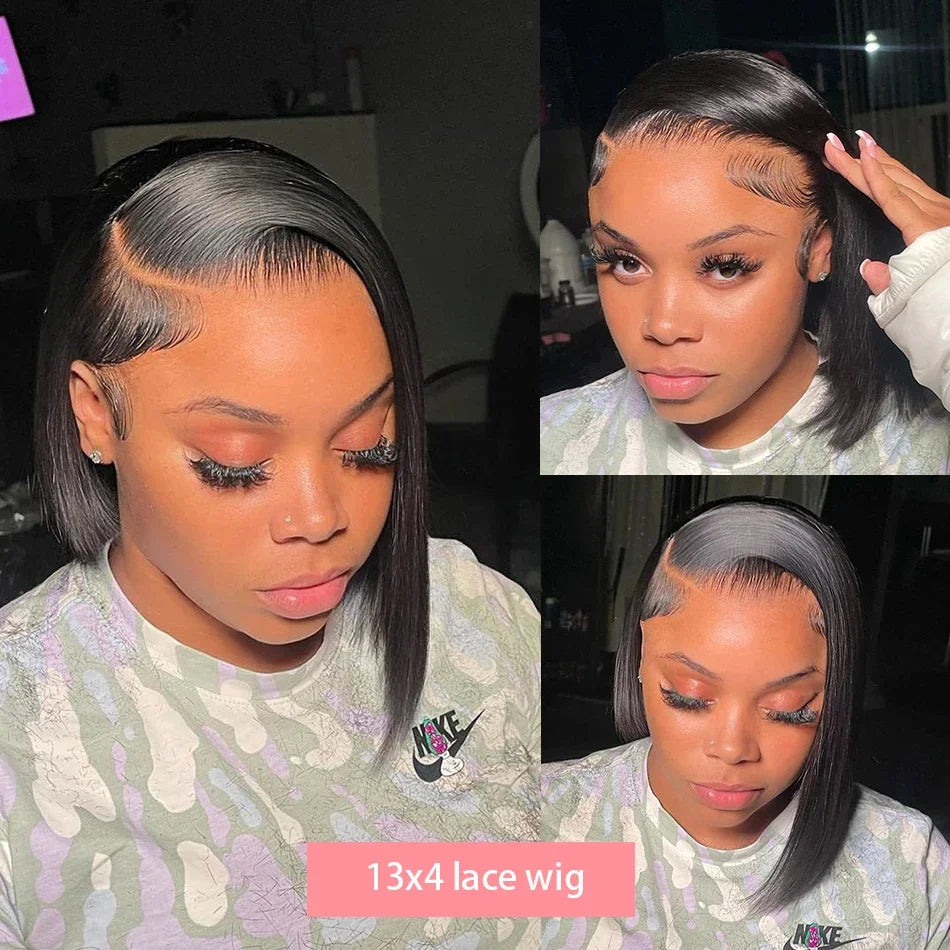 4x4 13x4 Lace Frontal Short Straight Bob Human Hair Wig Pre Plucked Brazilian Remy