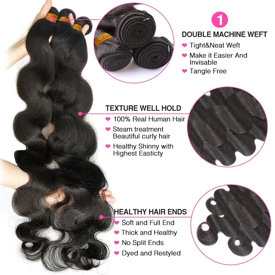 12A Brazilian Body Wave Human Hair Bundles with 4x4 Lace Closure