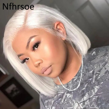 #60 White Platinum Ash Blonde Bob 13x4 13x6 Lace Frontal Remy Human Hair Wig Straight