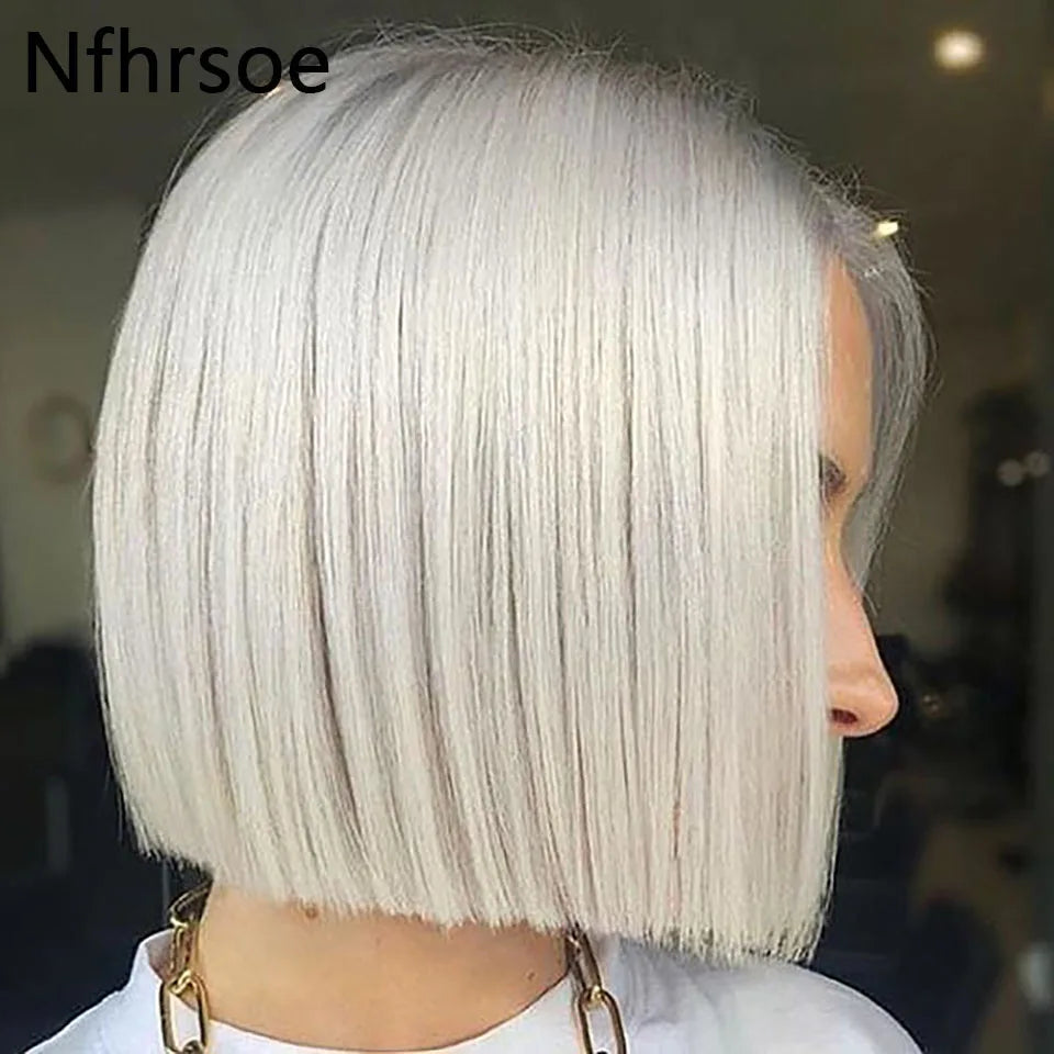 #60 White Platinum Ash Blonde Bob 13x4 13x6 Lace Frontal Remy Human Hair Wig Straight