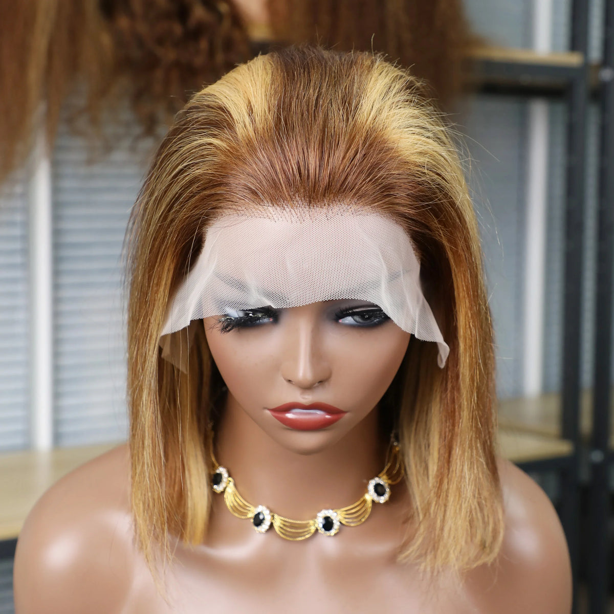13x4 Lace Front Bob Wig 100% Remy Human Hair Brown Blonde 200% Density