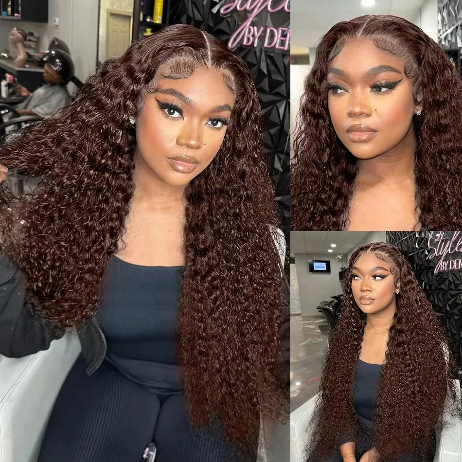 32-38 Inch Brazilian Deep Wave 13x4 Lace Front Human Hair Wig Chocolate Brown