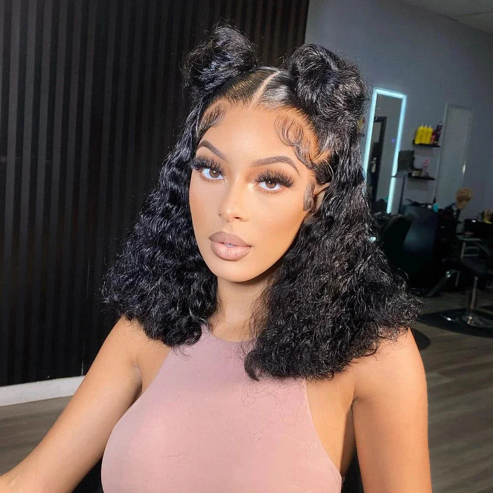 Water Wave 13x4 Transparent Lace Front Bob Wig 200% Density Brazilian Human Hair Short Wig