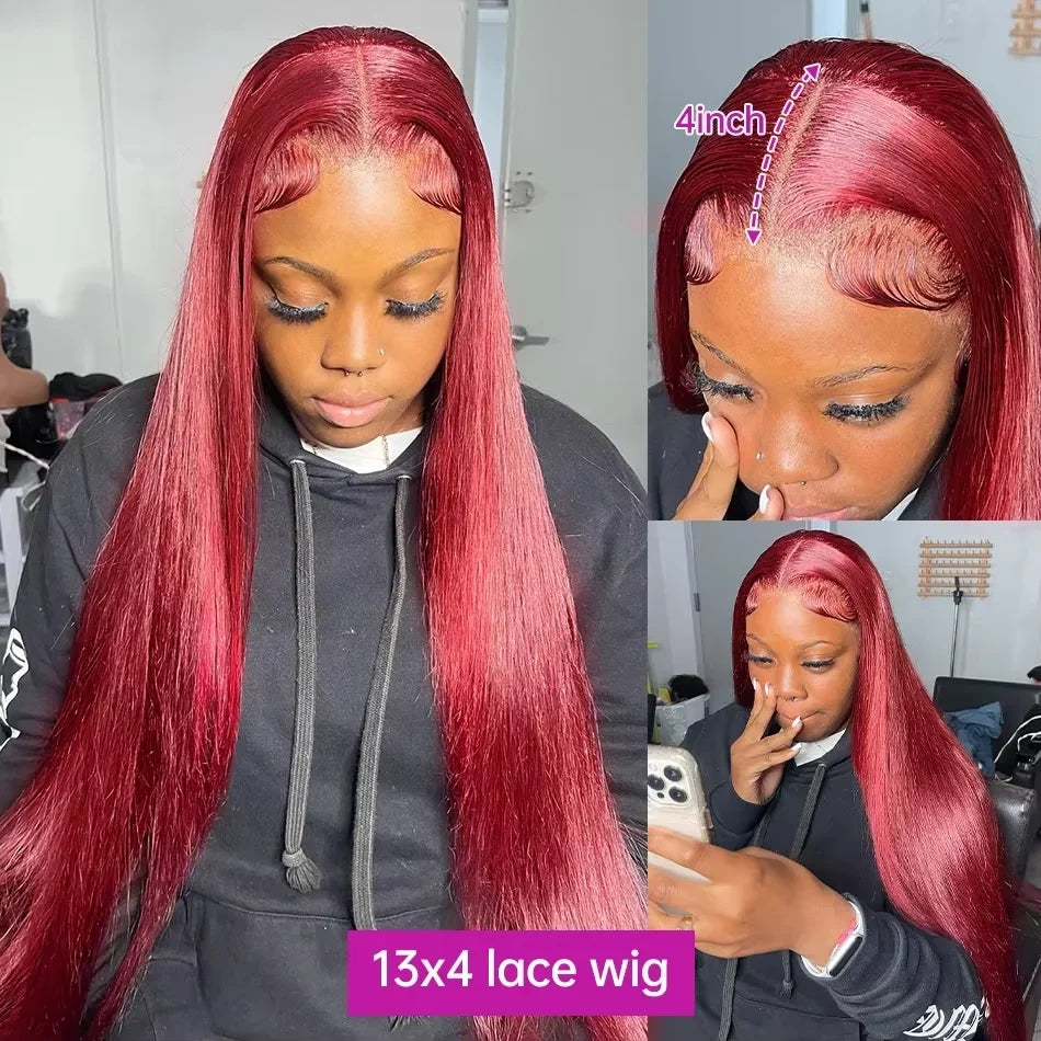 High Density 13x4 13x6 Lace Front Wig 99J Burgundy Bone Straight 30 Inch Human Hair