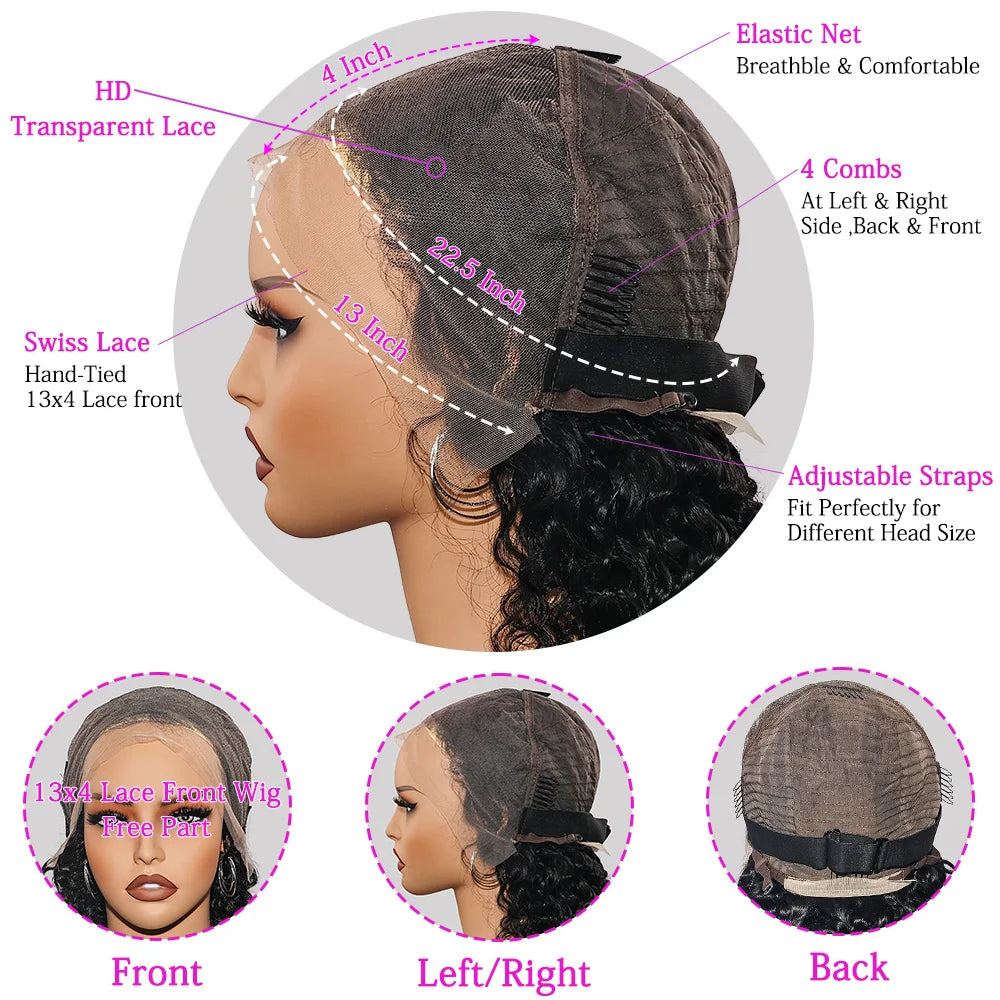 13x4 Transparent Lace Brazilian Short Curly Bob Wig 300% Density Remy Hair