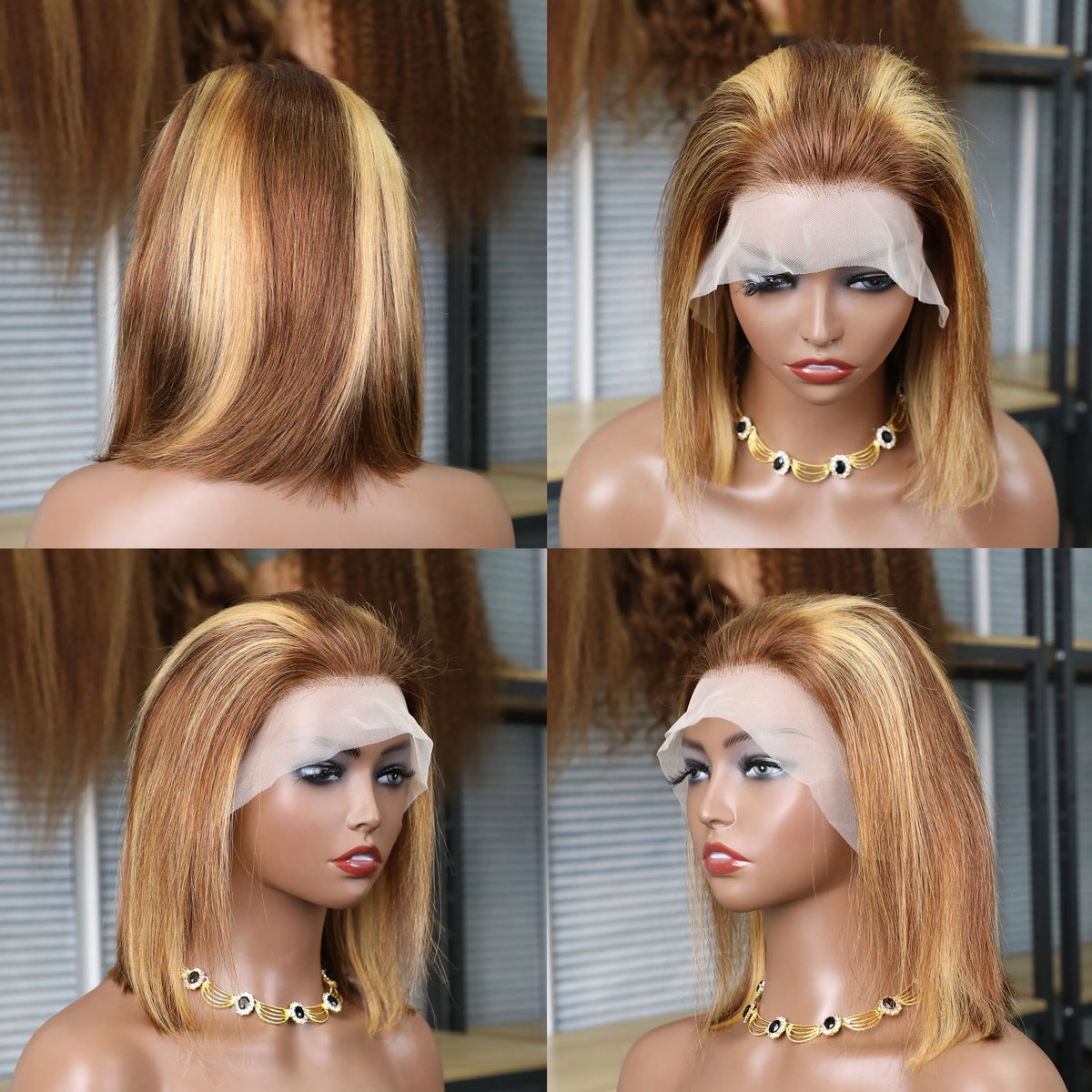 14 Inch 4/27 Brown Blonde Straight Brazilian 13x4 Transparent Frontal Bob Wig 200% Density Pre-Plucked