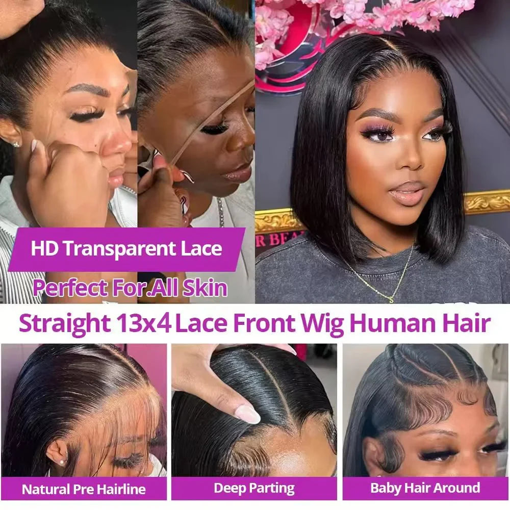 13x4 Straight Lace Frontal Bob Wig 14 Inch Pre Plucked Brazilian Remy Human Hair