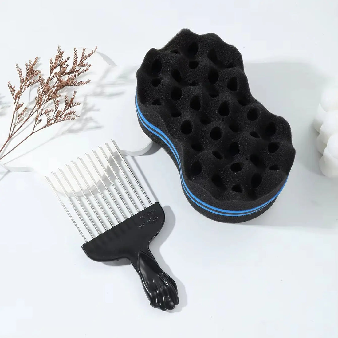 2pcs Afro Curl Styling Set Curl Sponge and Stainless Steel Pick Comb