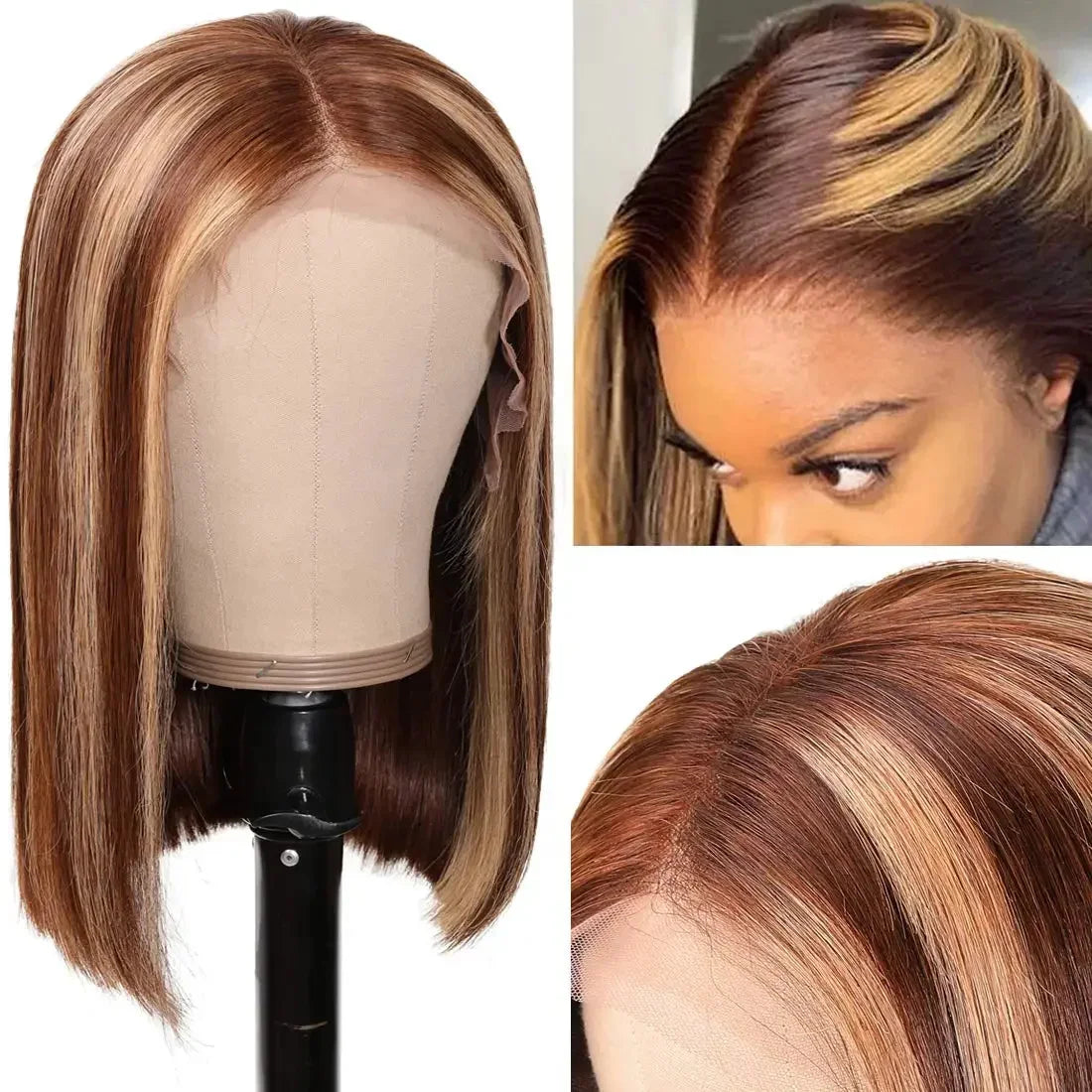 Straight Ombre Bob Wig 13x4 Transparent Lace 200% Density Brazilian Human Hair 4/27 Honey Brown