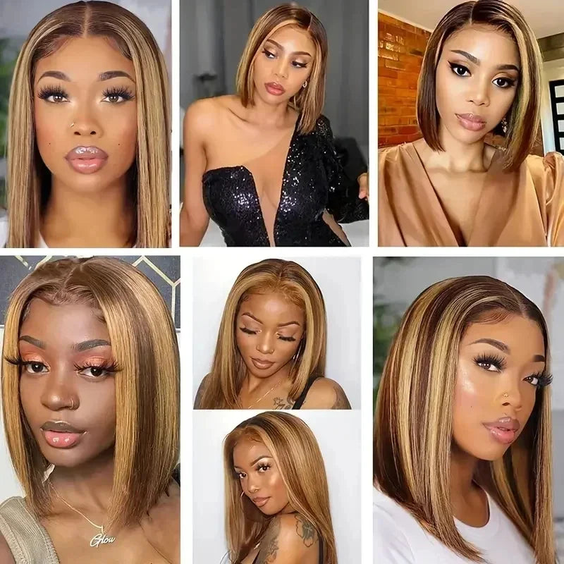 Straight Ombre Bob Wig 13x4 Transparent Lace 200% Density Brazilian Human Hair 4/27 Honey Brown