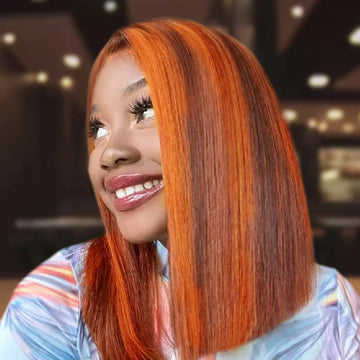 14 Inch 200% Density Brown Ginger Orange Straight Short Bob Human Hair Wig Transparent Lace Pre Plucked