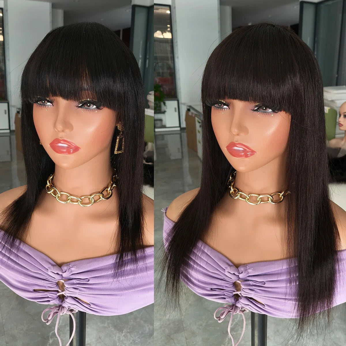 100% Human Hair Short Straight Wig with Bangs Natural Black Machine Made Bobbi