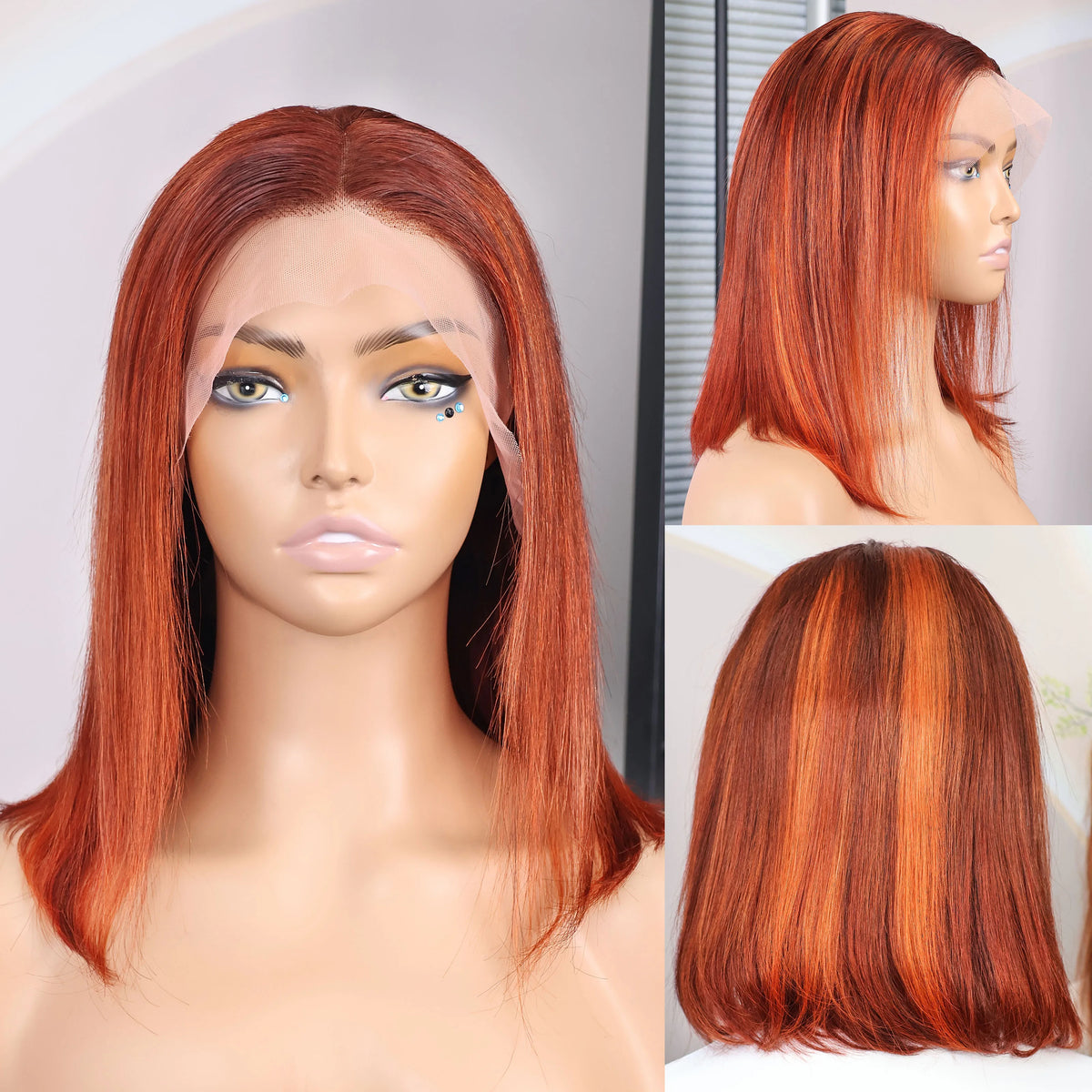 Highlight P4/350 Straight 13x4 Transparent Lace Short 14Inch Pre-Plucked Ginger Orange Human Hair Wig