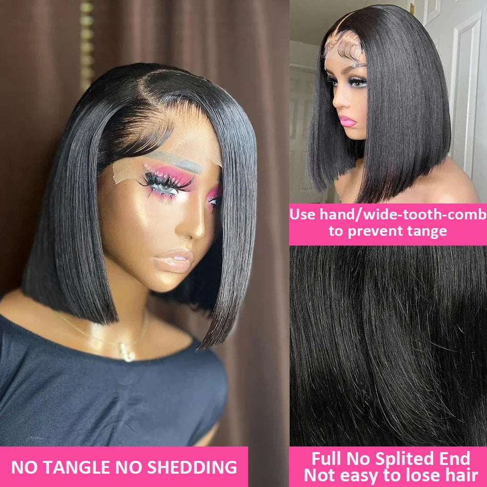 10-16 Inch Short Straight Bob Wig 100% Brazilian Human Hair 13x4 Lace Frontal 200% Density