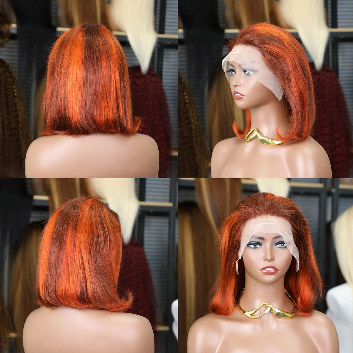 14 Inch 200% Density Brown Ginger Orange Straight Short Bob Human Hair Wig Transparent Lace Pre Plucked