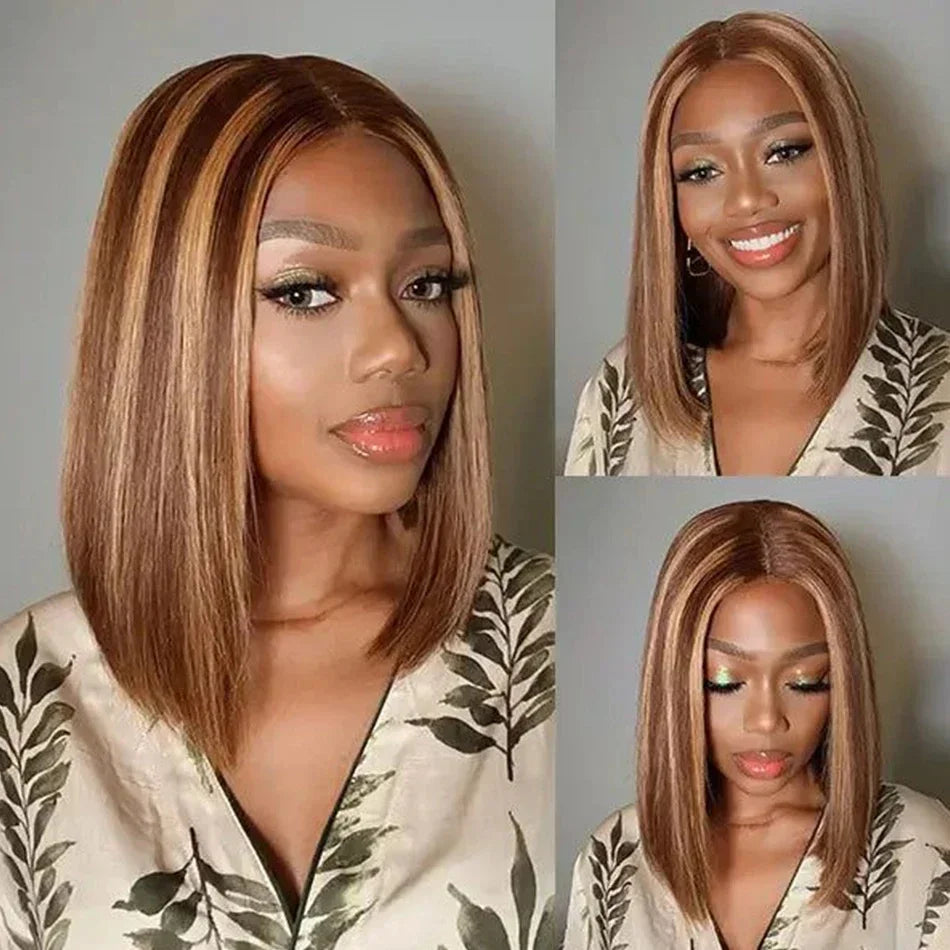 Straight Ombre Bob Wig 13x4 Transparent Lace 200% Density Brazilian Human Hair 4/27 Honey Brown