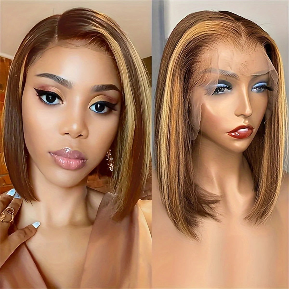 13x4 Transparent Lace Front Bob Wig Human Hair Ombre Honey Blonde 10-16 Inch 4/27 Colored Frontal Wig