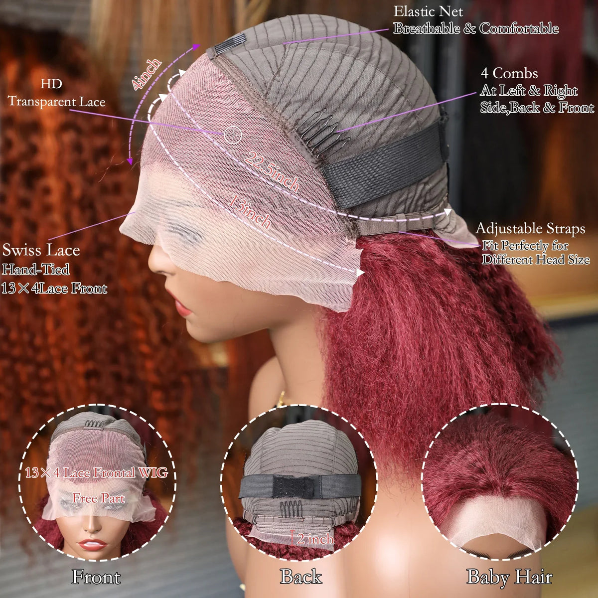 Kinky Straight 99J Burgundy Short Bob 13x4 Transparent Lace Human Hair Wig