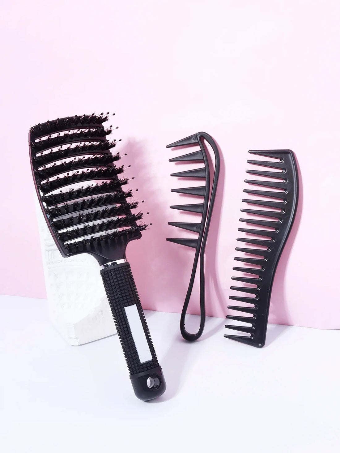 3 Piece Hollow Bristle Hair Brush and Wide Toothed Styling Comb Set PC Material