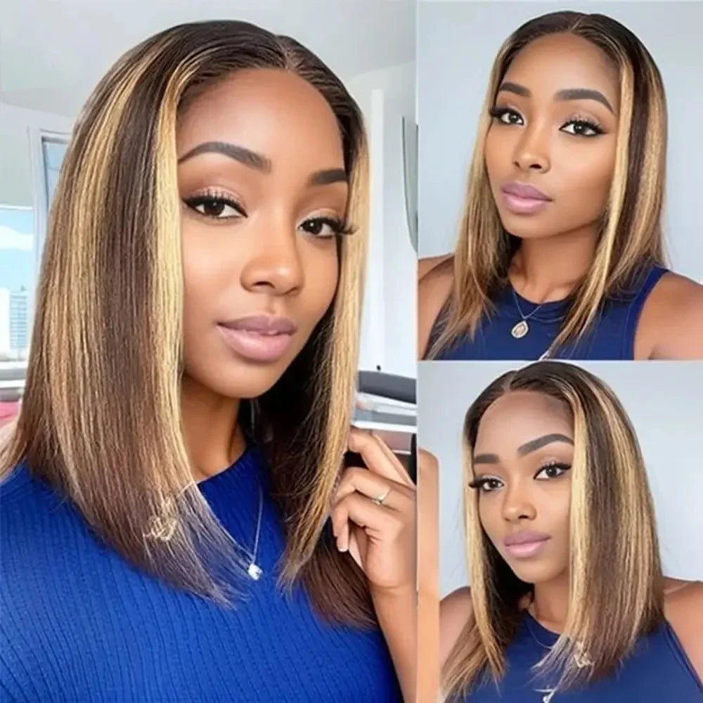 Straight Ombre Bob Wig 13x4 Transparent Lace 200% Density Brazilian Human Hair 4/27 Honey Brown