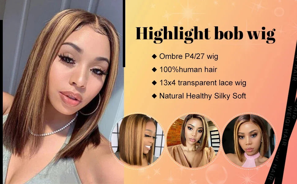 Straight Ombre Bob Wig 13x4 Transparent Lace 200% Density Brazilian Human Hair 4/27 Honey Brown