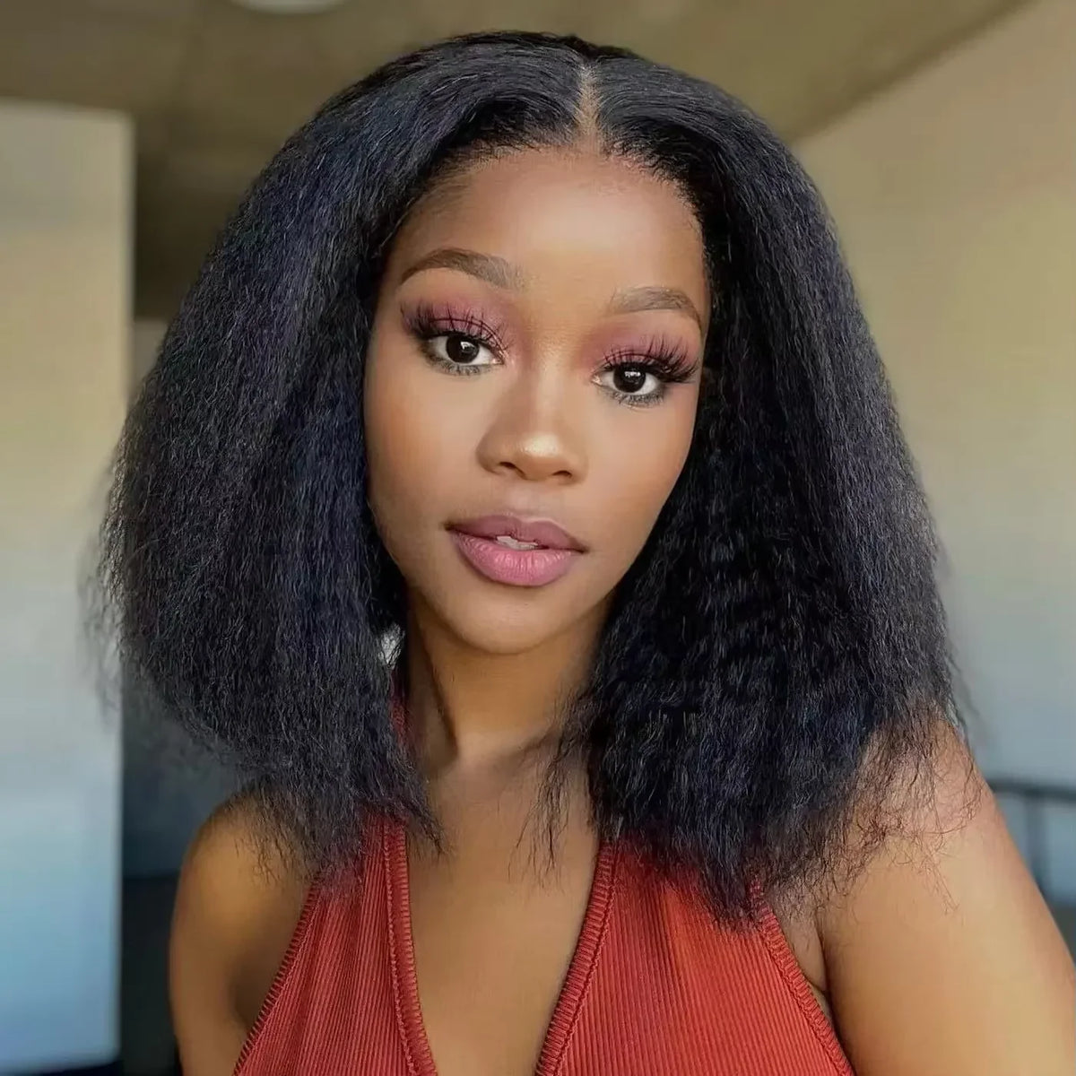 Transparent Kinky Straight 13x4 Lace Front Short Bob Human Hair Wig Pre Plucked Yaki