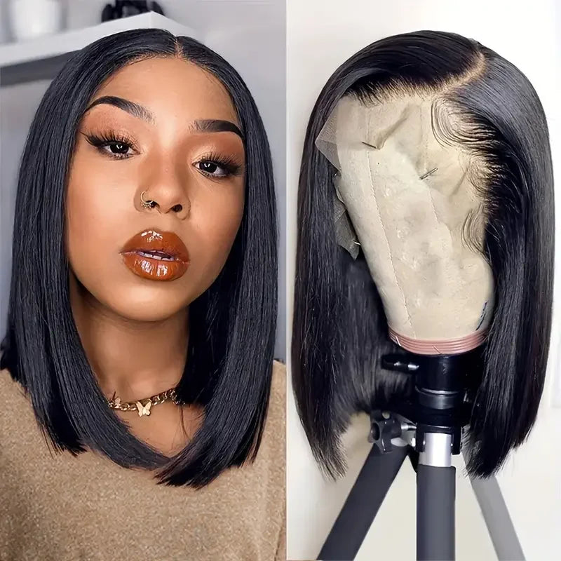 Short Straight Bob 13x4 Transparent Lace Frontal Brazilian Pre-Plucked 100% Human Hair Wig
