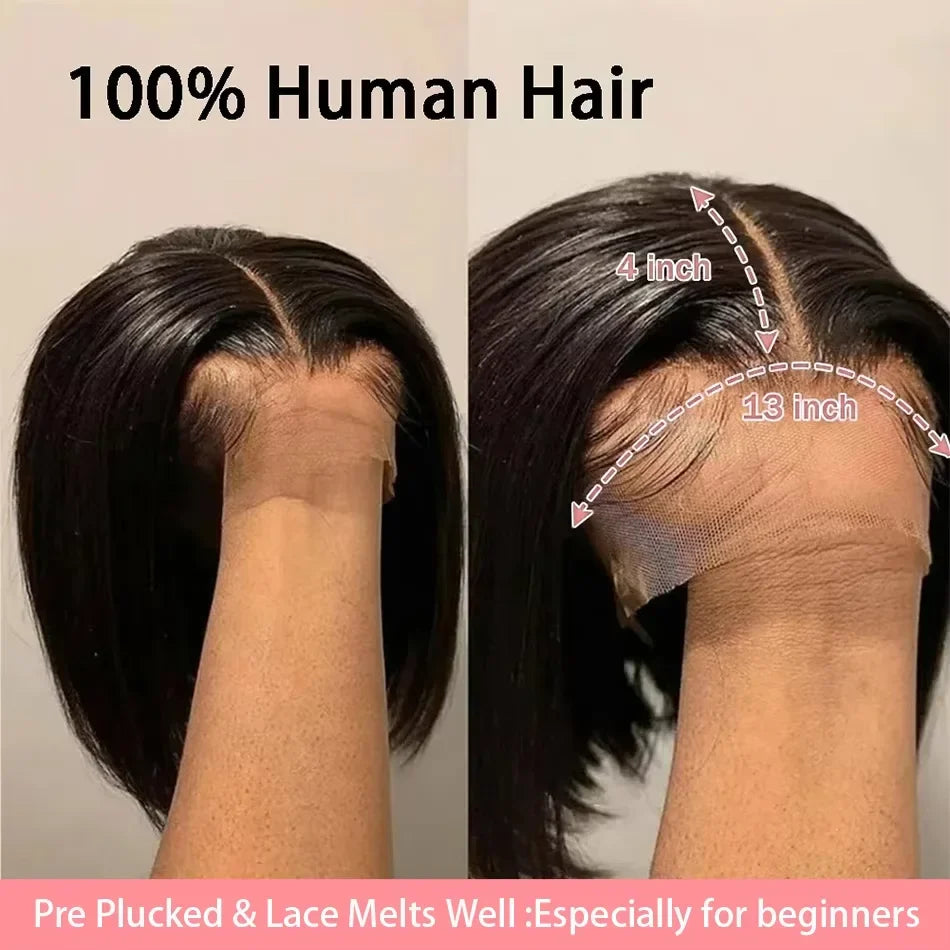 4x4 13x4 Lace Frontal Short Straight Bob Human Hair Wig Pre Plucked Brazilian Remy