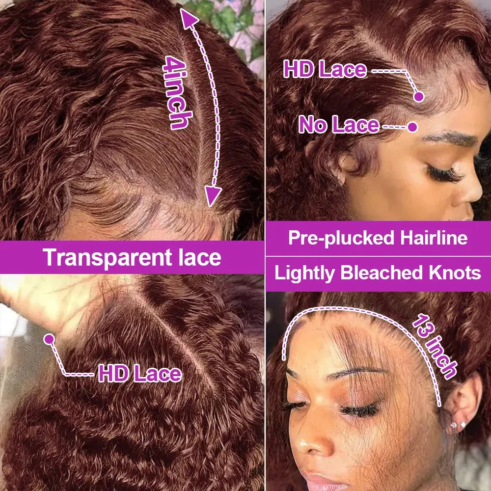 32-38 Inch Brazilian Deep Wave 13x4 Lace Front Human Hair Wig Chocolate Brown