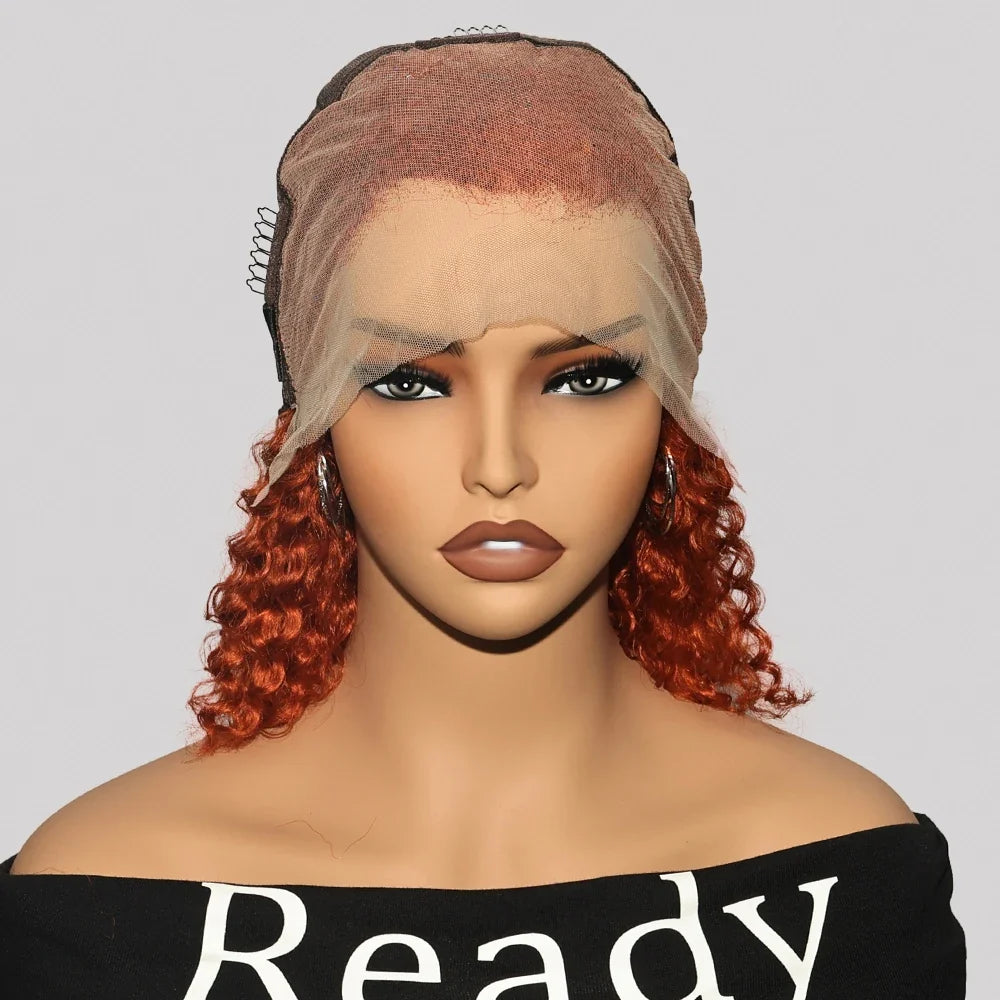Ginger Orange Water Wave Short Bob 13x4 Lace Front Human Hair Wig 200% Density