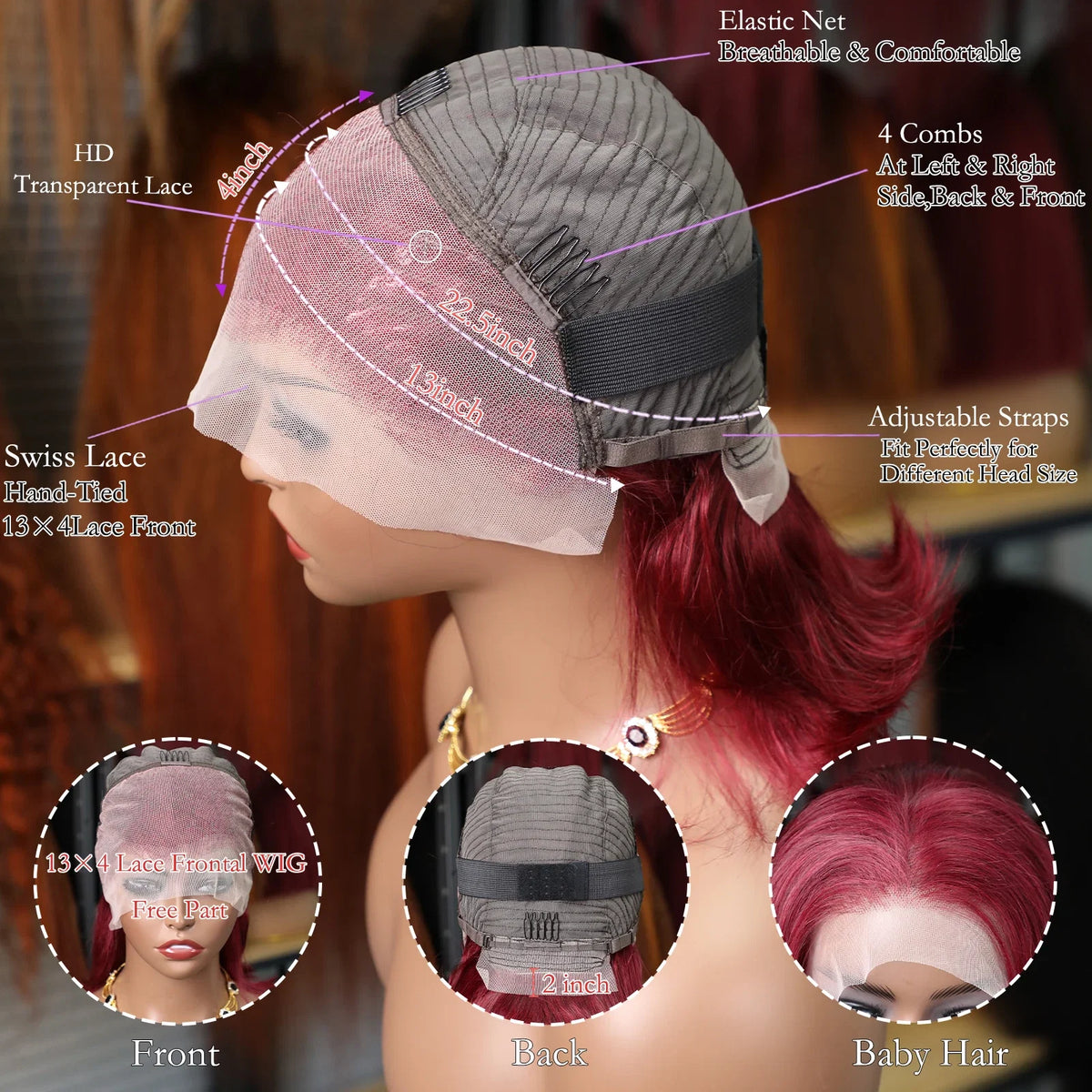 10-14 Inch Burgundy Transparent Lace Front Short Bob Human Hair Wig 200% Density