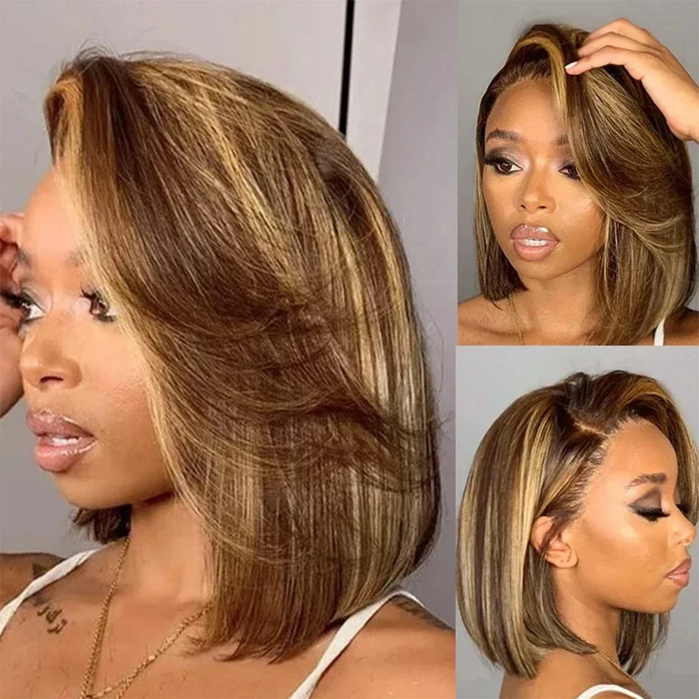 Straight Ombre Bob Wig 13x4 Transparent Lace 200% Density Brazilian Human Hair 4/27 Honey Brown