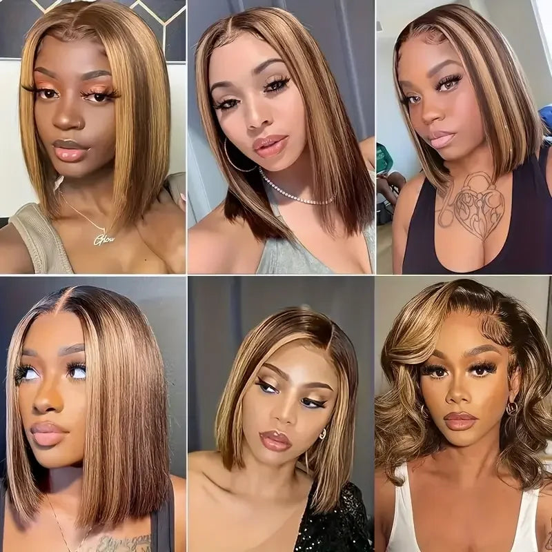 14 Inch 4/27 Brown Blonde Straight Brazilian 13x4 Transparent Frontal Bob Wig 200% Density Pre-Plucked