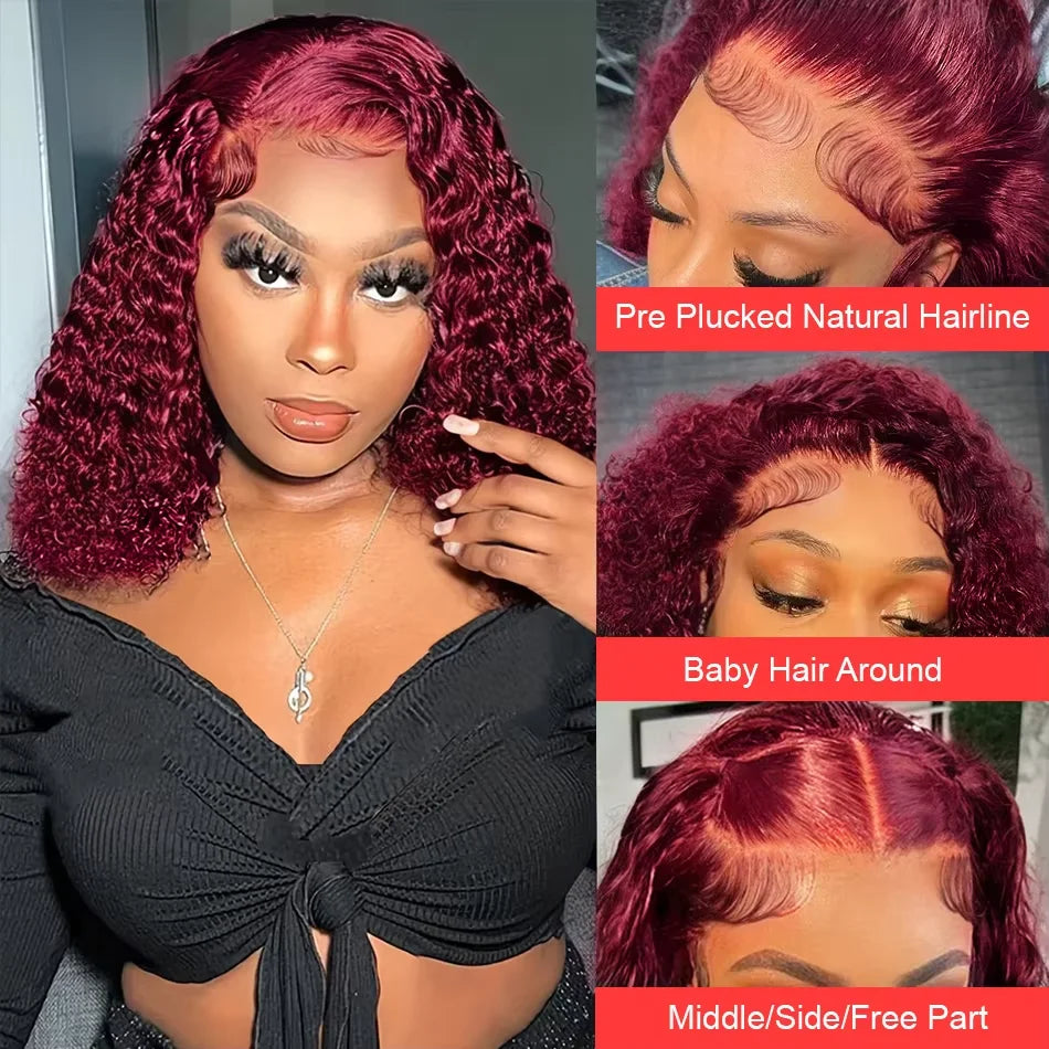 13x4 Burgundy 99J Water Wave Bob Wig 16 Inch Brazilian Human Hair Lace Front